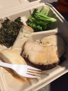 Chicken, bread, collard greens, and broccoli | Photo Courtesy of Brian L. from Yelp